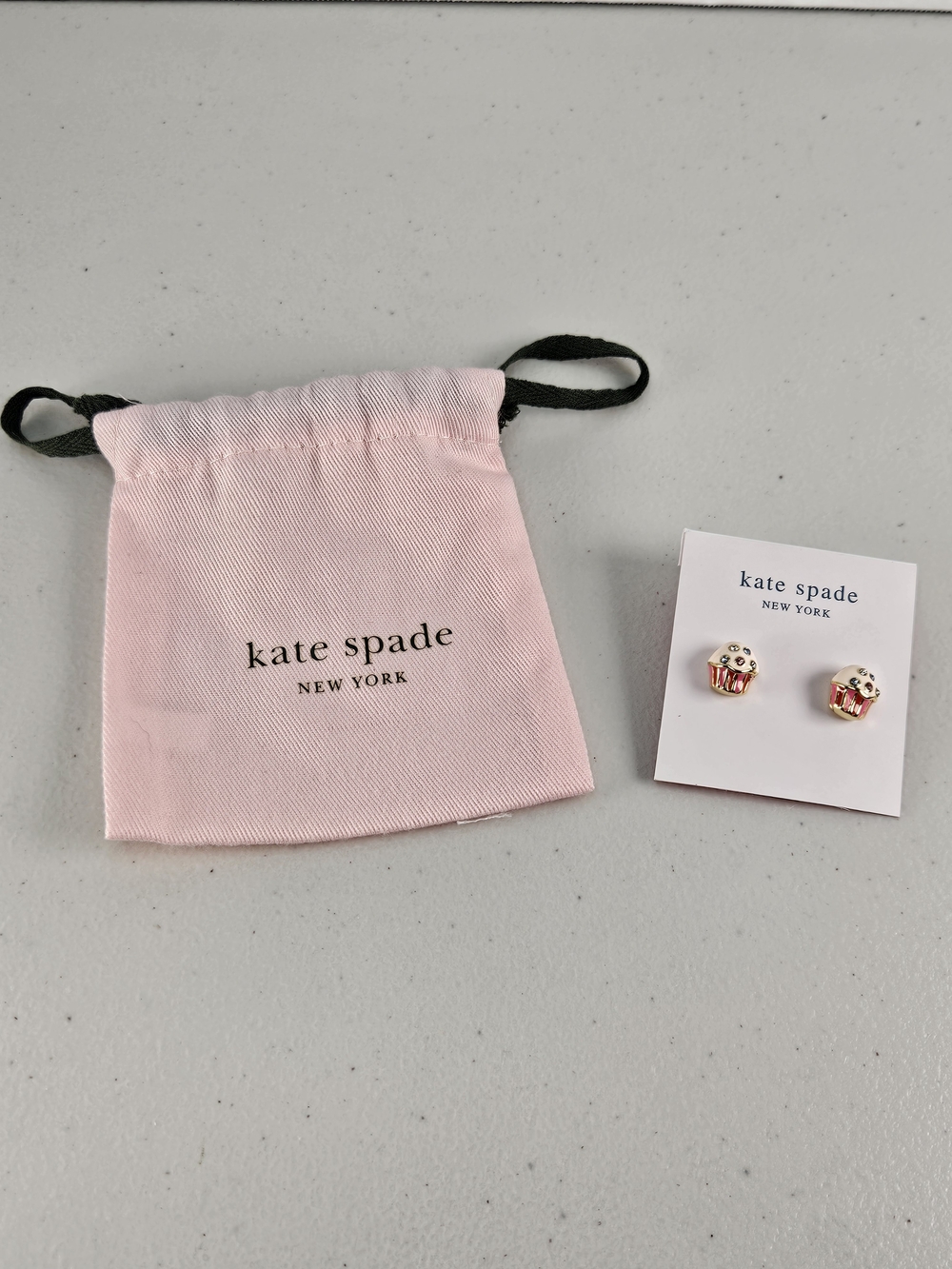 kate spade Pink and Gold Cupcake Stud Earrings with Pink Pouch